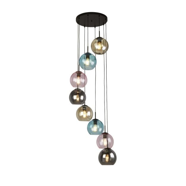 Searchlight Mardi Gras II - hanglamp - Ø 54 x 200 cm - mat zwart en gekleurd glas