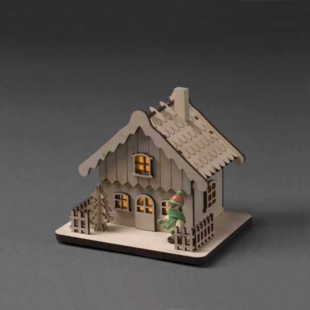 Konstsmide kerstverlichting - houten huis op batterijen - 12 x 11 x 12 cm - bruin