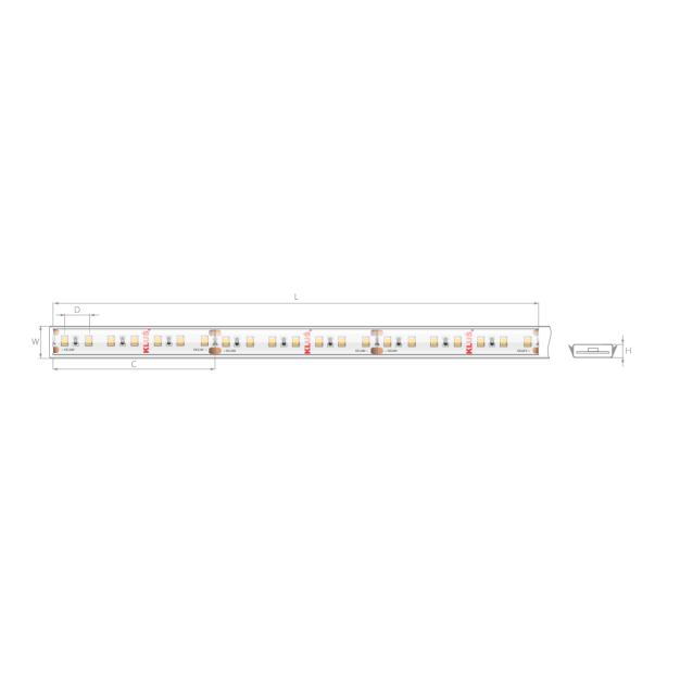 KLUS LED strip - 1cm breed, 500cm lengte - 24Vdc - dimbaar - 9,6W LED per meter - 140 LEDs per meter - IP65 - 2700K