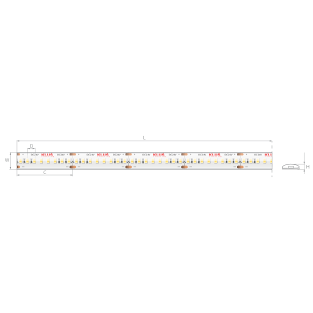 KLUS LED strip - 1cm breed, 500cm lengte - 24Vdc - dimbaar - 14,4W LED per meter - 240 LEDs per meter - IP65 - 3000K