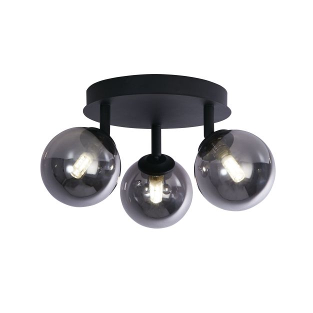 Searchlight Crosby - plafondlamp - Ø 34 x 14 cm - zwart en gerookt glas