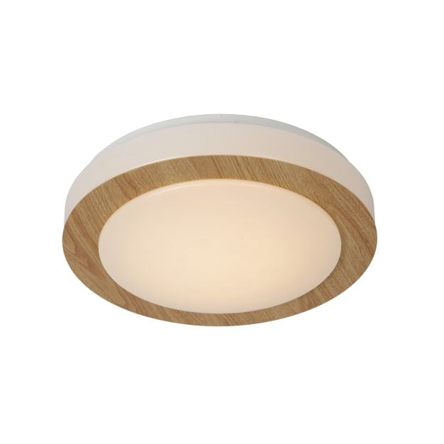 Lucide Dimy - plafondverlichting - Ø 28,6 x 8 cm - 3 stappen dimmer - 12W dimbare LED incl. - IP21 - licht hout en opaal